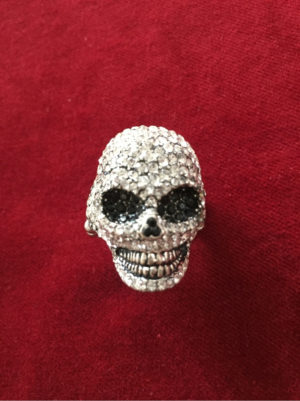 Crystal Skull Statement Ring - Silver Tone with Black Accents